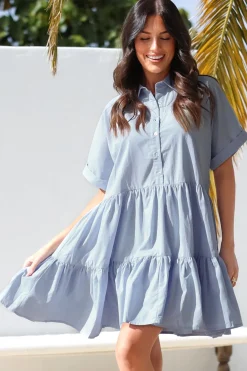 Estelle Mini Dress - Collared Tiered Smock Dress in Light Blue><noscript><img width=