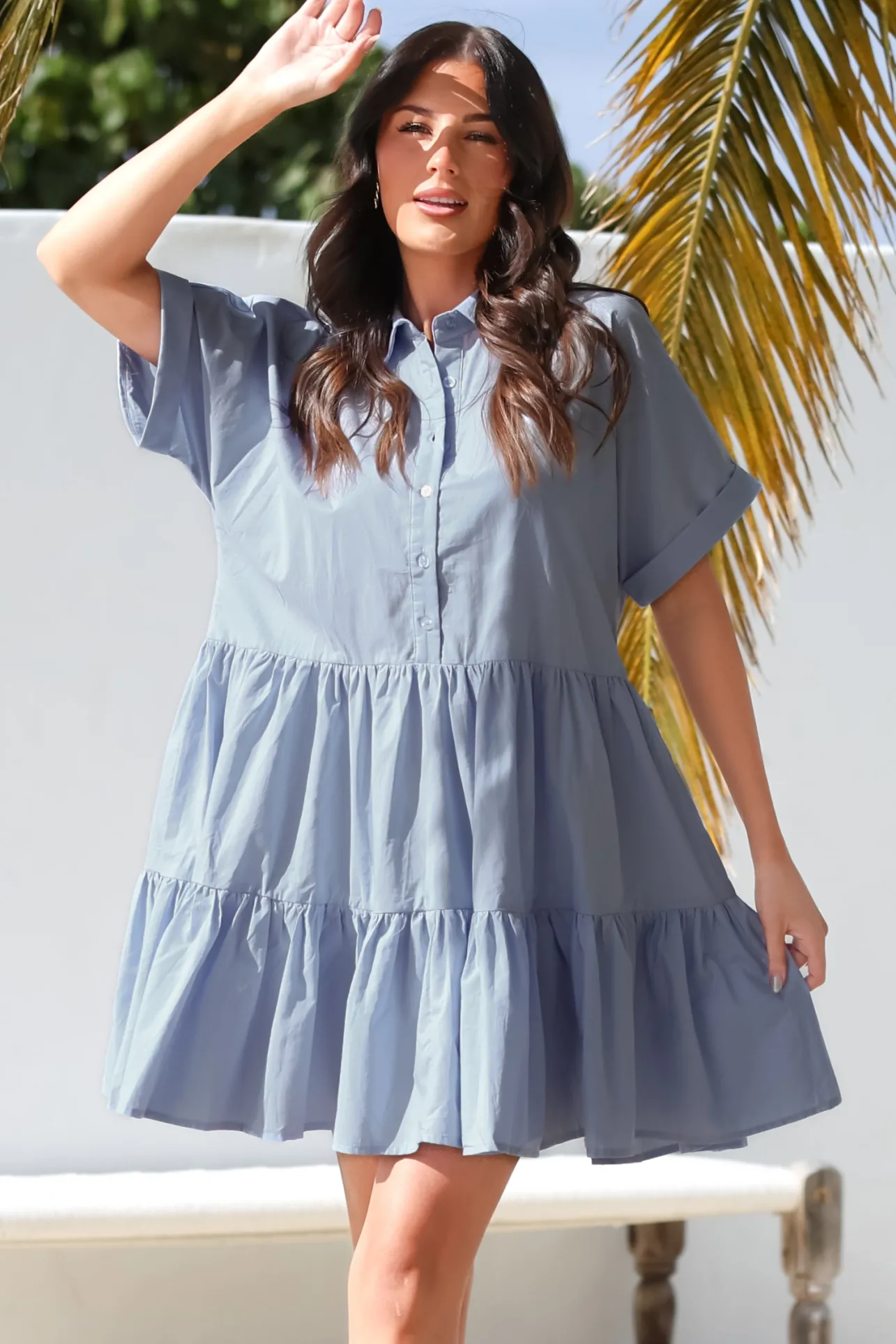 Estelle Mini Dress - Collared Tiered Smock Dress in Light Blue>Salty Crush New