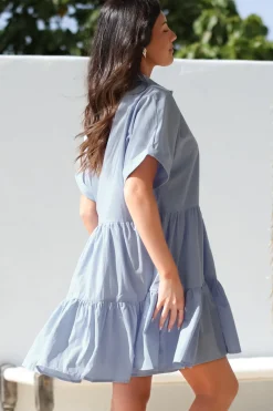 Estelle Mini Dress - Collared Tiered Smock Dress in Light Blue><noscript><img width=