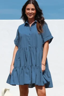 Estelle Mini Dress - Collared Tiered Smock Dress in Dark Blue>Salty Crush Clearance