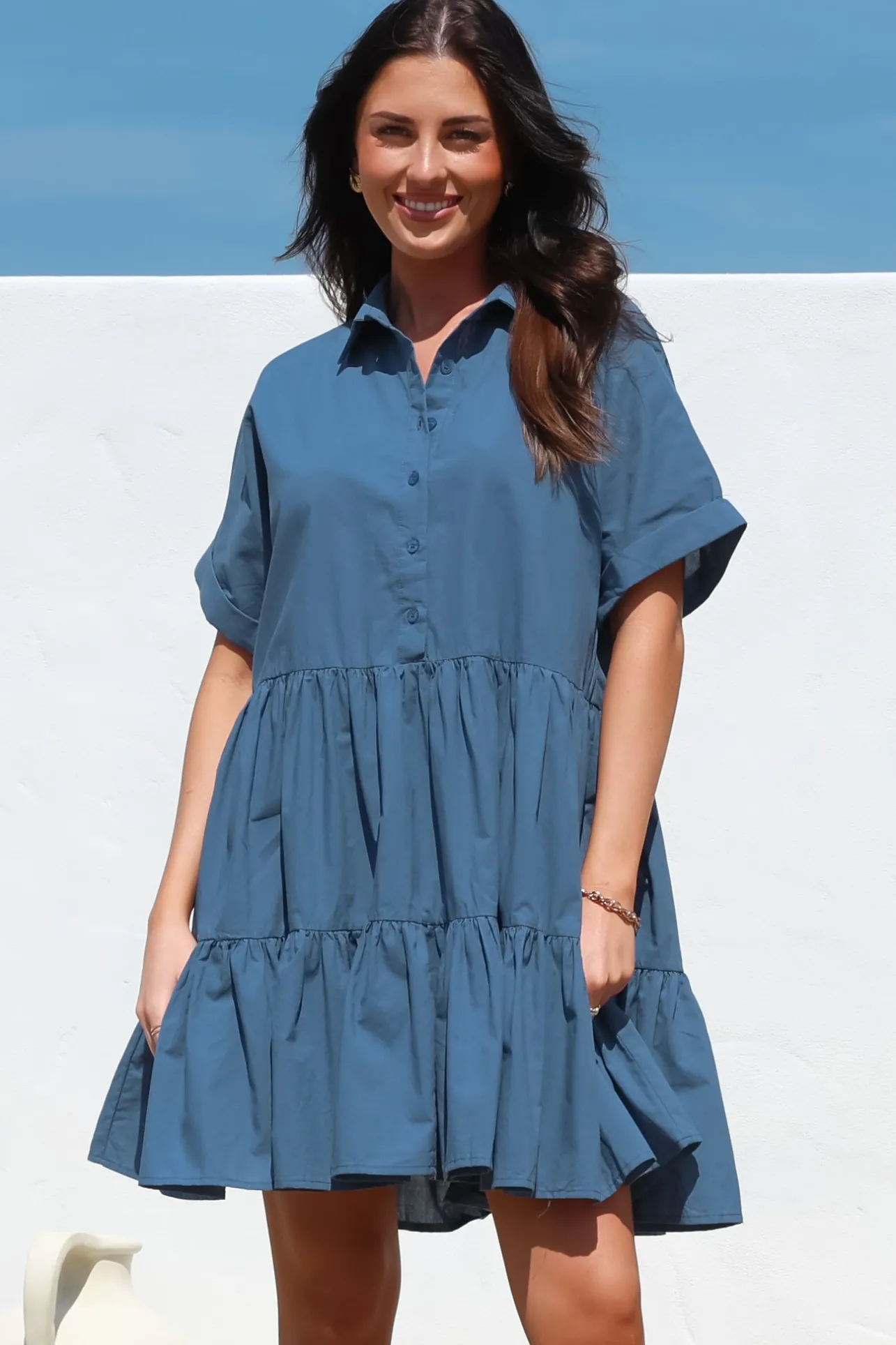 Estelle Mini Dress - Collared Tiered Smock Dress in Dark Blue>Salty Crush Clearance