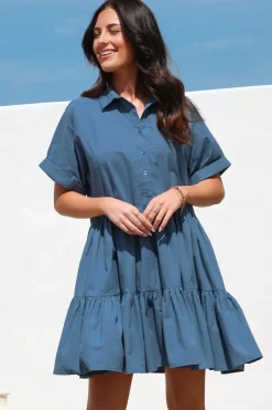 Estelle Mini Dress - Collared Tiered Smock Dress in Dark Blue>Salty Crush Clearance