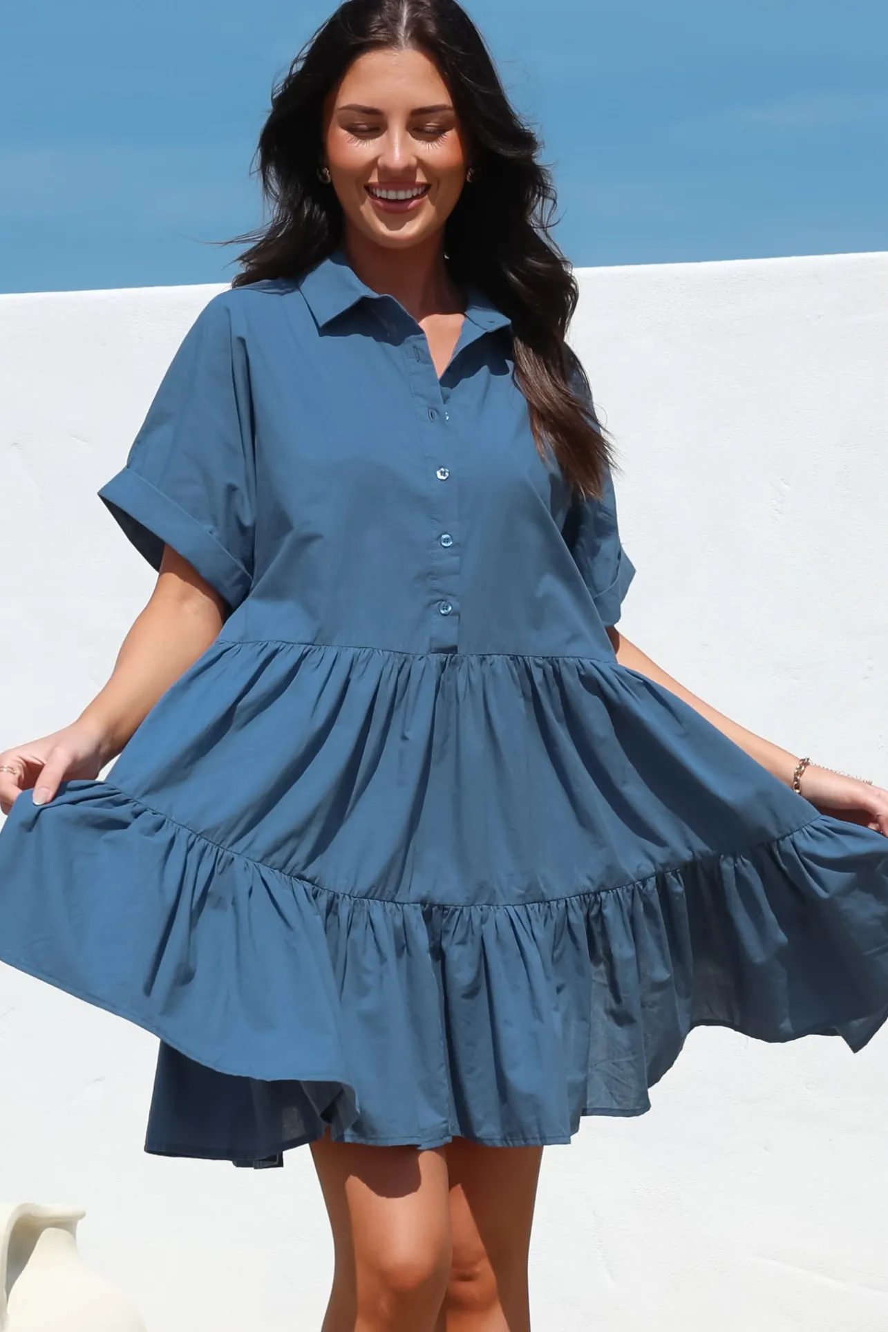 Estelle Mini Dress - Collared Tiered Smock Dress in Dark Blue>Salty Crush Clearance