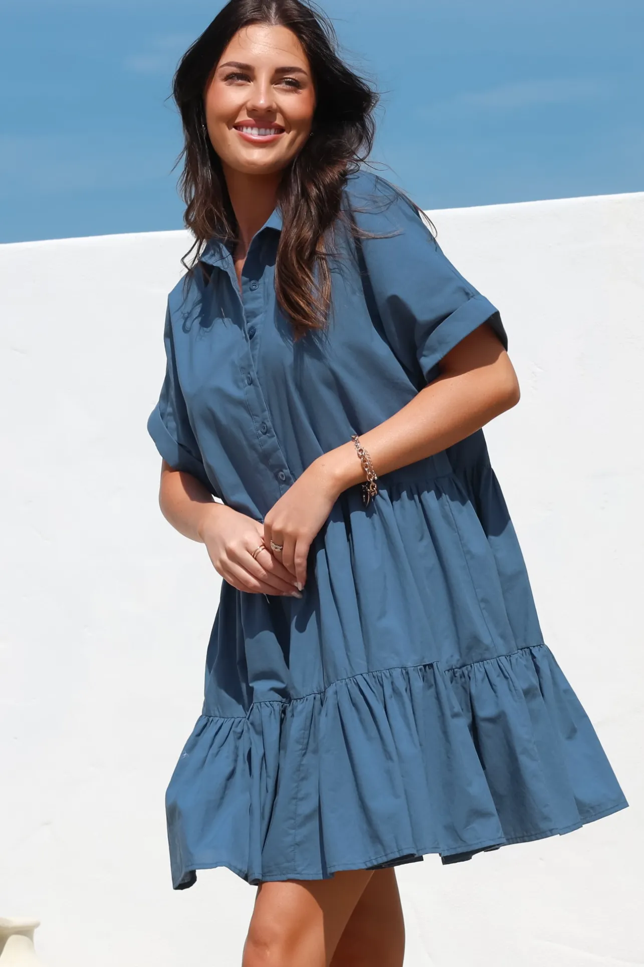 Estelle Mini Dress - Collared Tiered Smock Dress in Dark Blue>Salty Crush Clearance