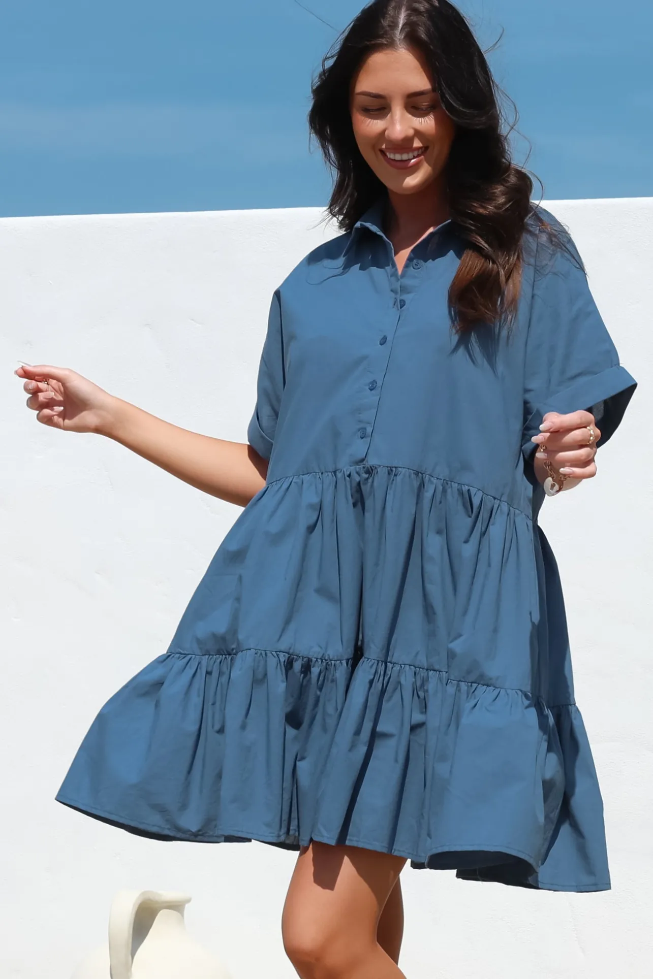 Estelle Mini Dress - Collared Tiered Smock Dress in Dark Blue>Salty Crush Clearance