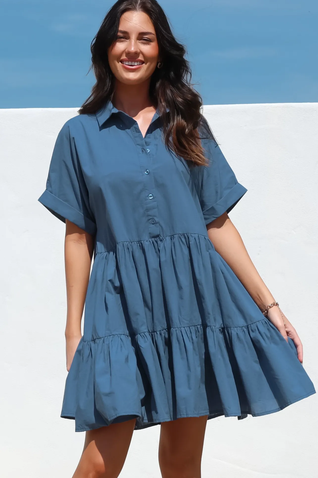 Estelle Mini Dress - Collared Tiered Smock Dress in Dark Blue>Salty Crush Clearance