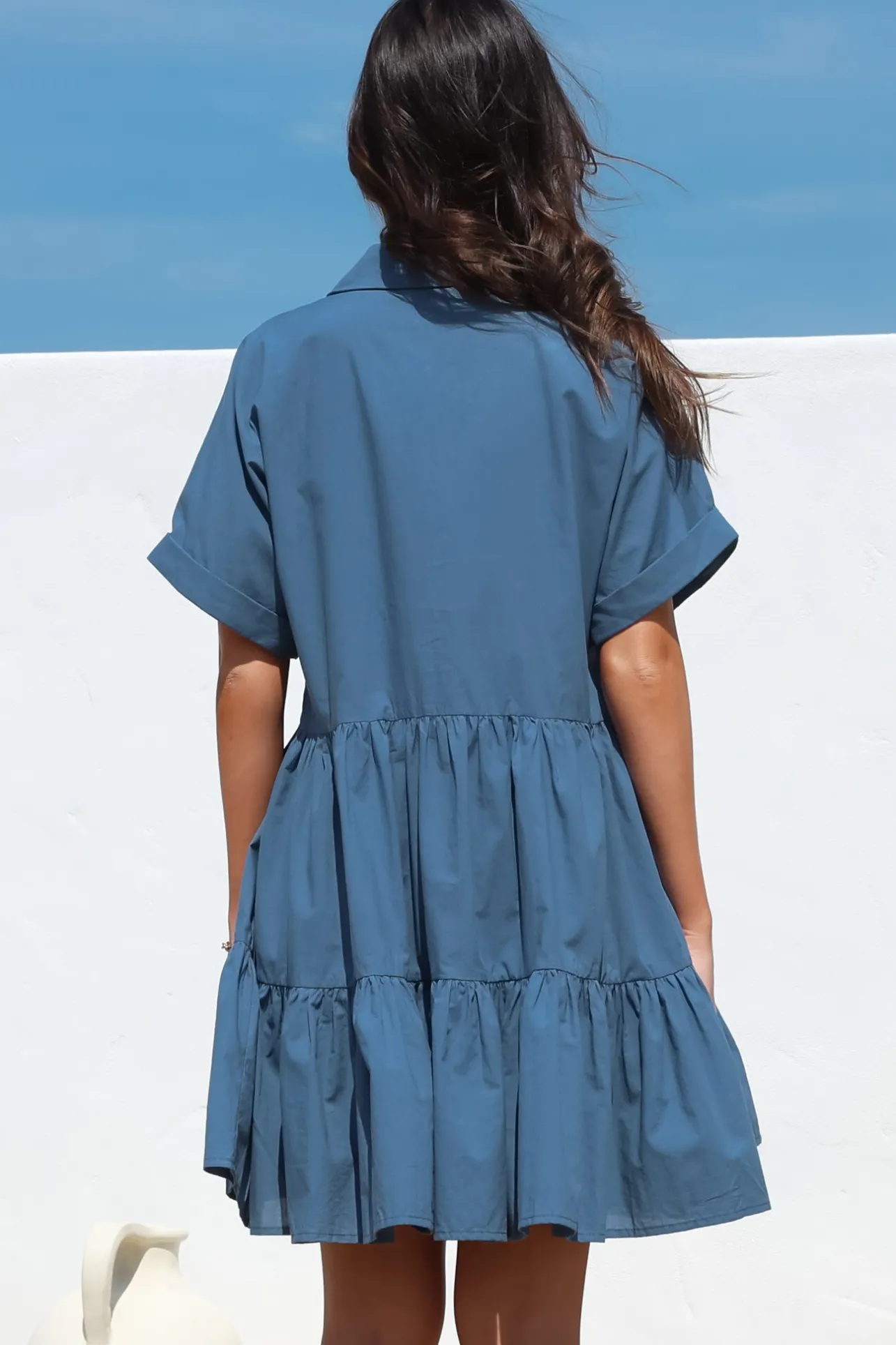 Estelle Mini Dress - Collared Tiered Smock Dress in Dark Blue>Salty Crush Clearance