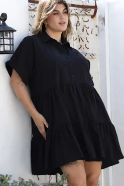 Estelle Mini Dress - Collared Tiered Smock Dress in Black>Salty Crush Best