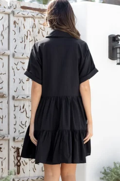 Estelle Mini Dress - Collared Tiered Smock Dress in Black><noscript><img width=