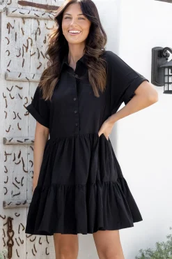 Estelle Mini Dress - Collared Tiered Smock Dress in Black><noscript><img width=