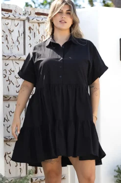 Estelle Mini Dress - Collared Tiered Smock Dress in Black><noscript><img width=