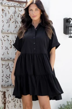 Estelle Mini Dress - Collared Tiered Smock Dress in Black><noscript><img width=