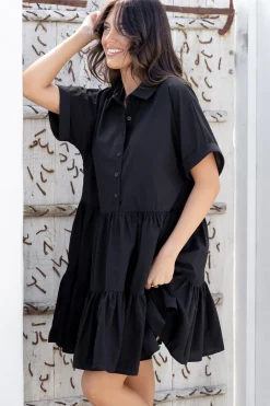 Estelle Mini Dress - Collared Tiered Smock Dress in Black><noscript><img width=