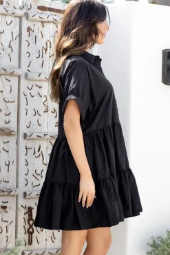 Estelle Mini Dress - Collared Tiered Smock Dress in Black><noscript><img width=