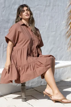 Estelle Mini Dress - Collared Tiered Smock Dress in Tan>Salty Crush Sale