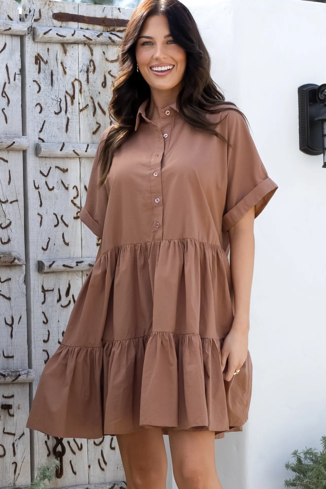 Estelle Mini Dress - Collared Tiered Smock Dress in Tan>Salty Crush Sale