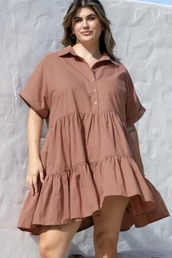 Estelle Mini Dress - Collared Tiered Smock Dress in Tan><noscript><img width=