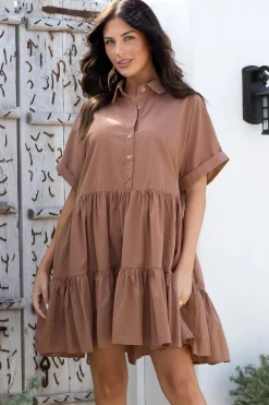 Estelle Mini Dress - Collared Tiered Smock Dress in Tan><noscript><img width=