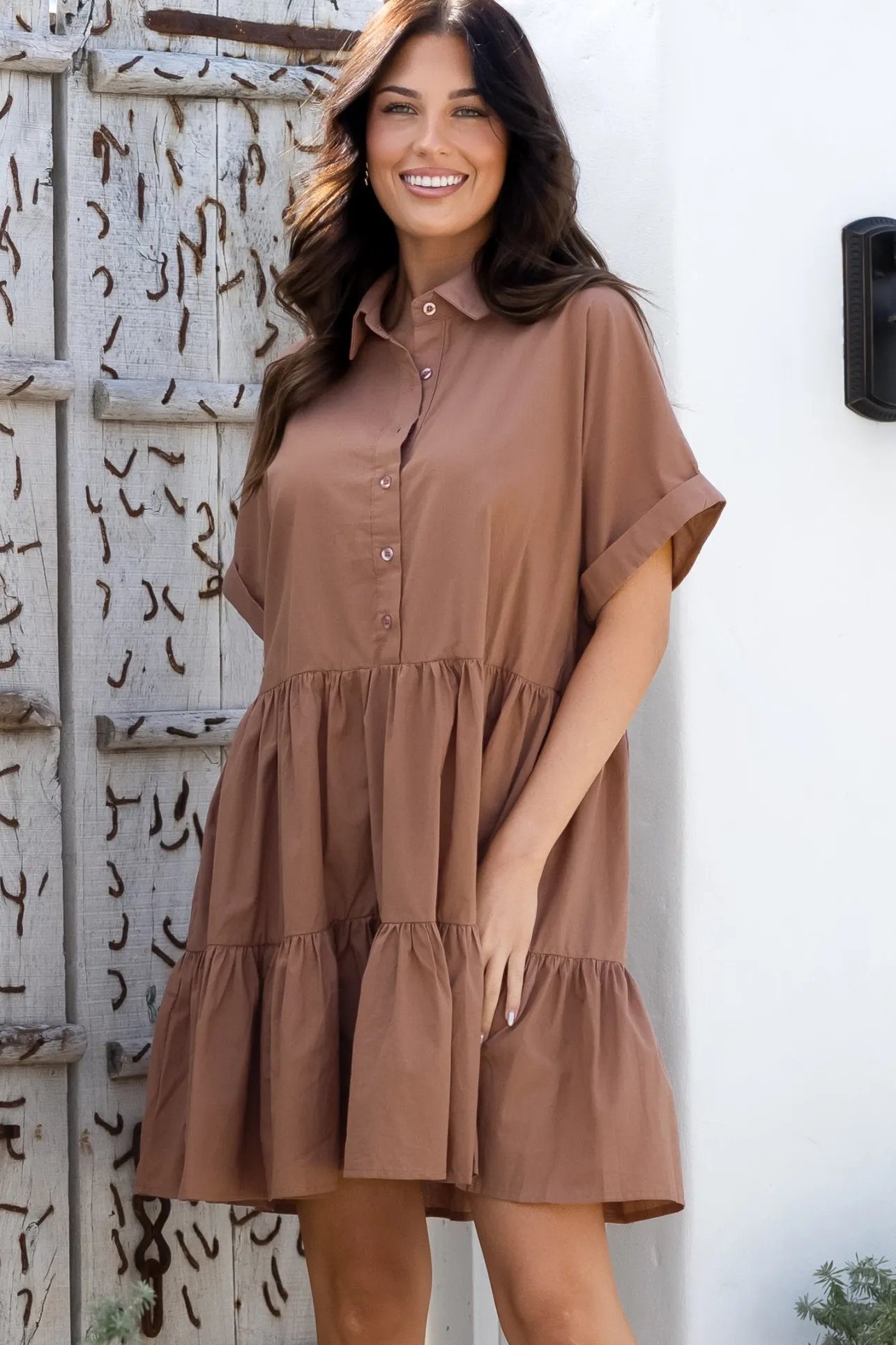 Estelle Mini Dress - Collared Tiered Smock Dress in Tan>Salty Crush Sale