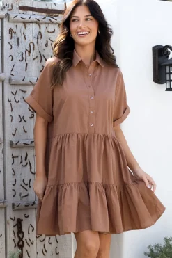 Estelle Mini Dress - Collared Tiered Smock Dress in Tan><noscript><img width=