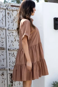 Estelle Mini Dress - Collared Tiered Smock Dress in Tan><noscript><img width=