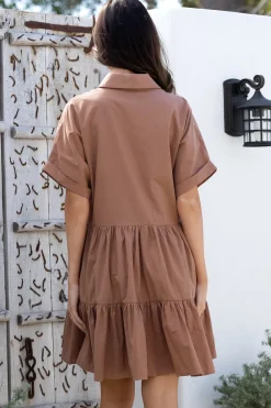 Estelle Mini Dress - Collared Tiered Smock Dress in Tan><noscript><img width=