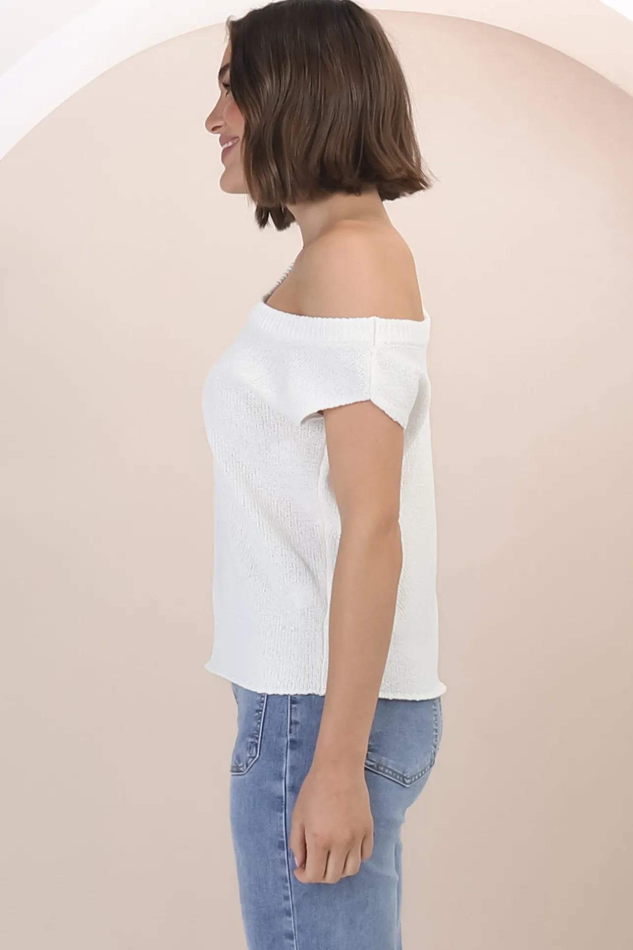 Ethel Knit Top - Sleeveless Crew Neck Knit in White>Salty Crush Hot
