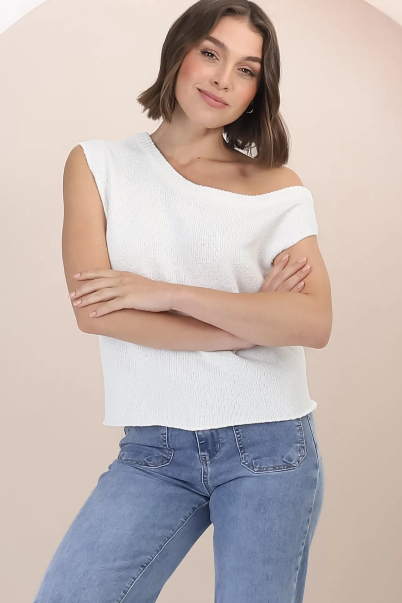 Ethel Knit Top - Sleeveless Crew Neck Knit in White>Salty Crush Hot