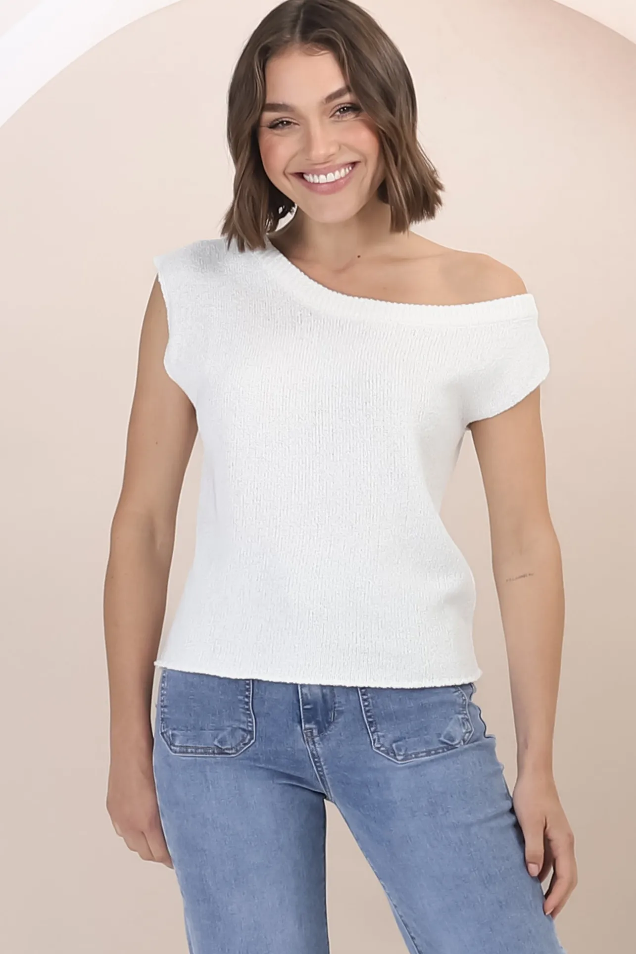 Ethel Knit Top - Sleeveless Crew Neck Knit in White>Salty Crush Hot