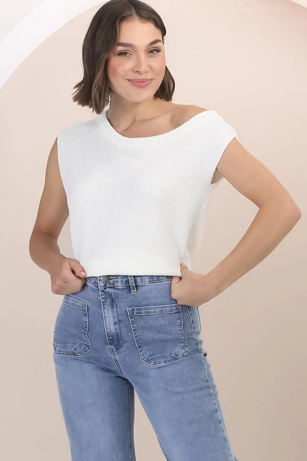 Ethel Knit Top - Sleeveless Crew Neck Knit in White>Salty Crush Hot