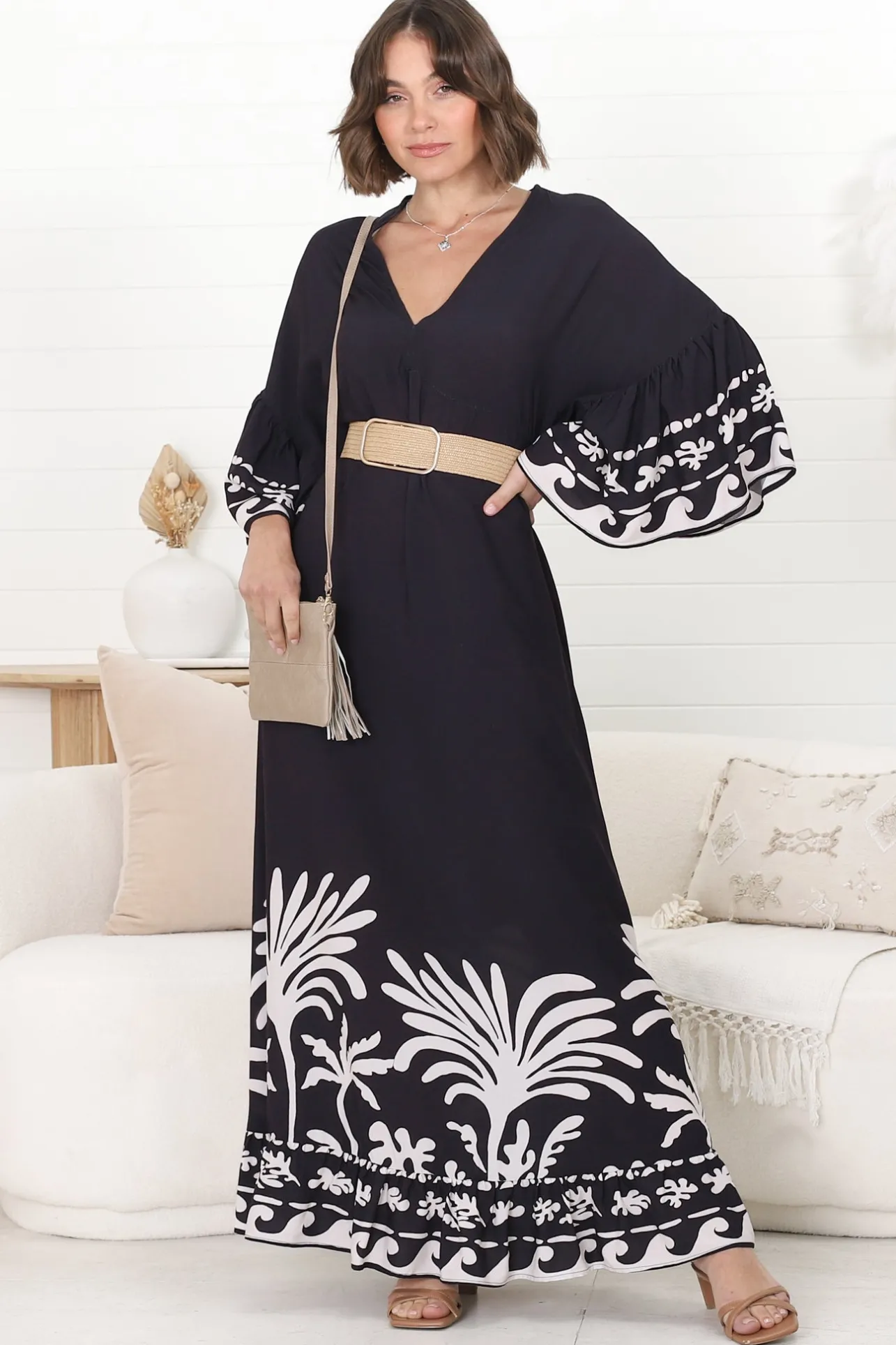 Evan Maxi Dress - Slimline Smock Dress with Bell Sleeves in the Harris Print>Salty Crush Hot
