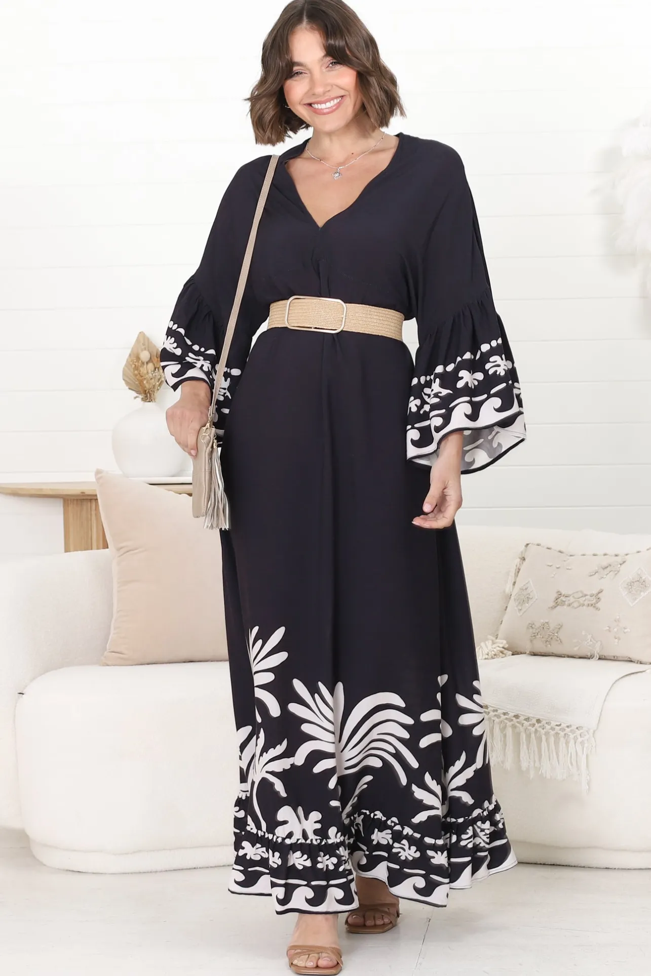 Evan Maxi Dress - Slimline Smock Dress with Bell Sleeves in the Harris Print>Salty Crush Hot