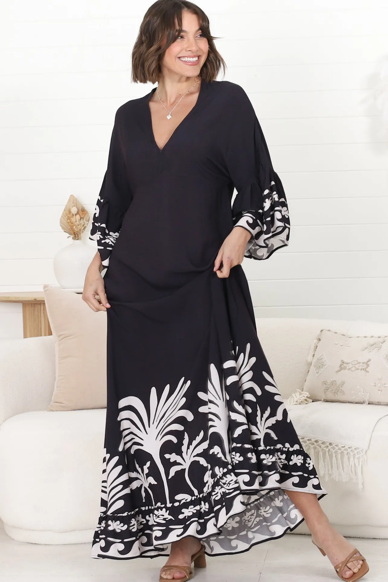 Evan Maxi Dress - Slimline Smock Dress with Bell Sleeves in the Harris Print>Salty Crush Hot