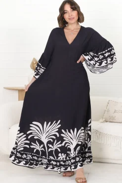Evan Maxi Dress - Slimline Smock Dress with Bell Sleeves in the Harris Print><noscript><img width=