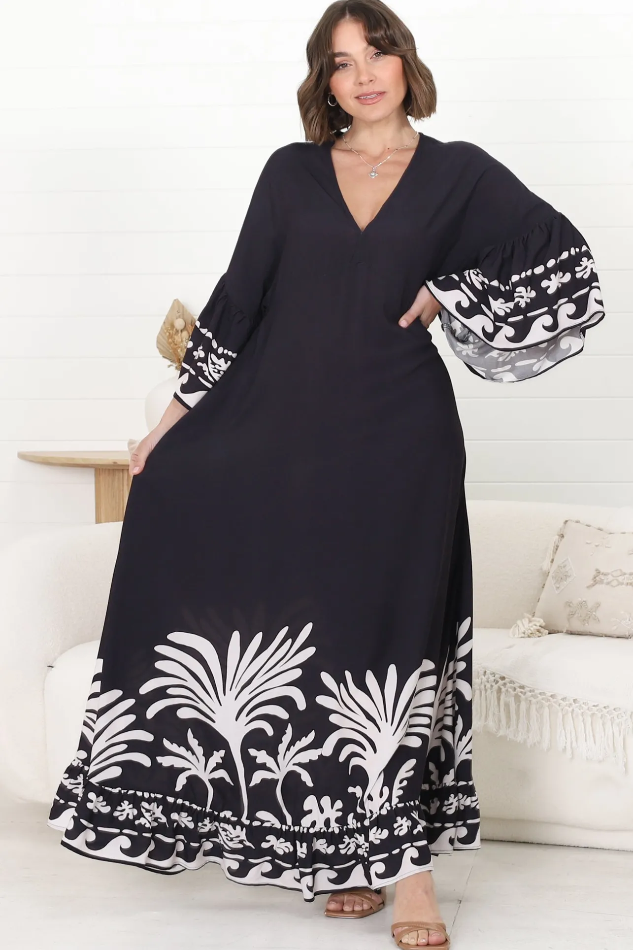 Evan Maxi Dress - Slimline Smock Dress with Bell Sleeves in the Harris Print>Salty Crush Hot