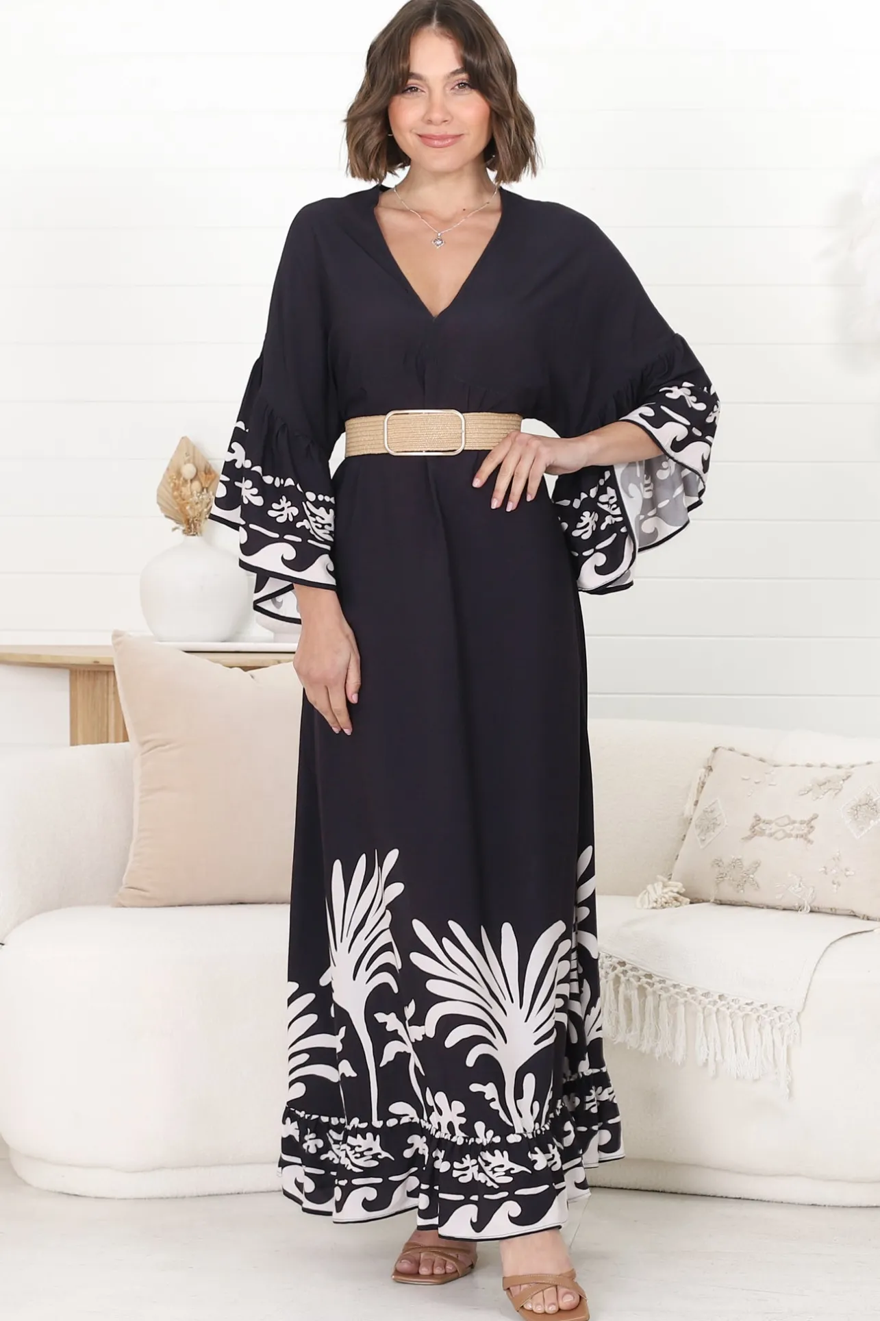 Evan Maxi Dress - Slimline Smock Dress with Bell Sleeves in the Harris Print>Salty Crush Hot