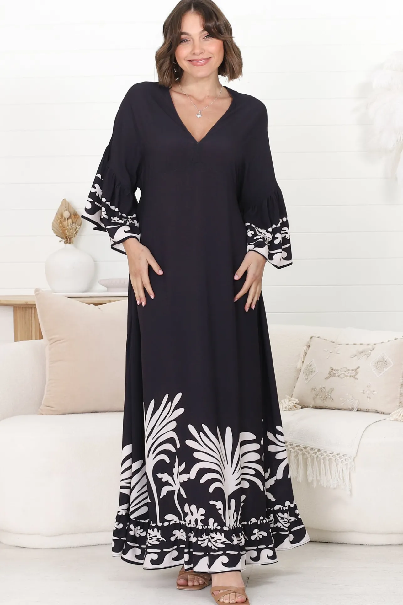 Evan Maxi Dress - Slimline Smock Dress with Bell Sleeves in the Harris Print>Salty Crush Hot