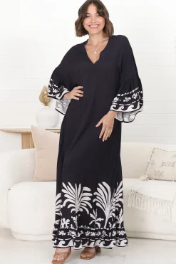Evan Maxi Dress - Slimline Smock Dress with Bell Sleeves in the Harris Print><noscript><img width=