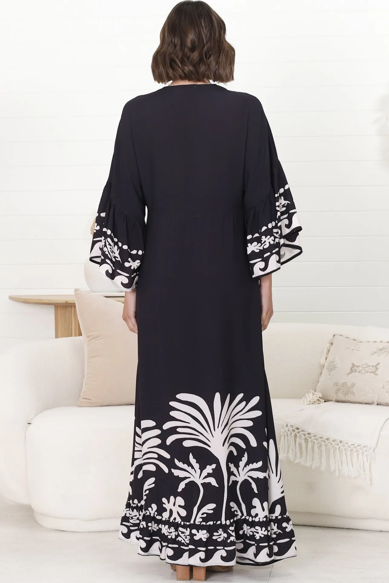 Evan Maxi Dress - Slimline Smock Dress with Bell Sleeves in the Harris Print>Salty Crush Hot