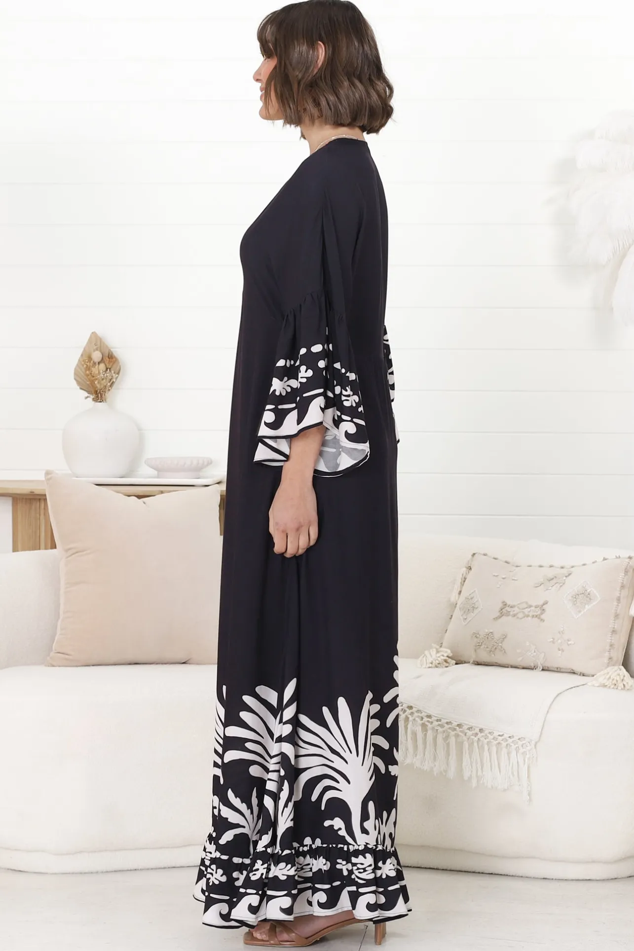 Evan Maxi Dress - Slimline Smock Dress with Bell Sleeves in the Harris Print>Salty Crush Hot