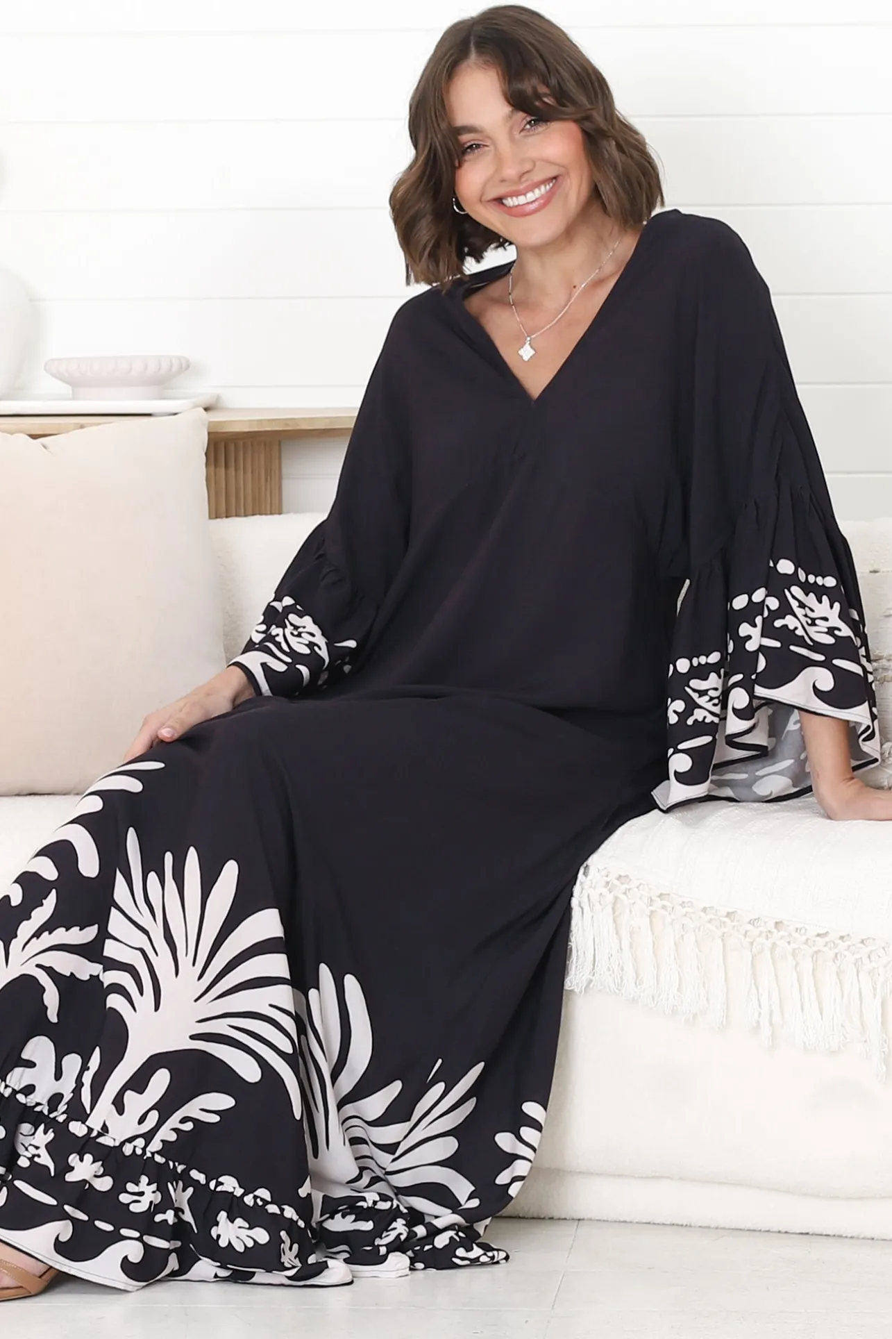 Evan Maxi Dress - Slimline Smock Dress with Bell Sleeves in the Harris Print>Salty Crush Hot