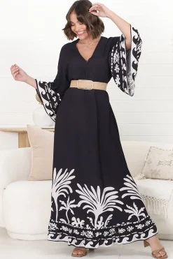 Evan Maxi Dress - Slimline Smock Dress with Bell Sleeves in the Harris Print><noscript><img width=