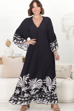 Evan Maxi Dress - Slimline Smock Dress with Bell Sleeves in the Harris Print><noscript><img width=