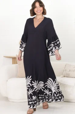 Evan Maxi Dress - Slimline Smock Dress with Bell Sleeves in the Harris Print><noscript><img width=