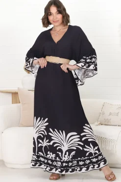 Evan Maxi Dress - Slimline Smock Dress with Bell Sleeves in the Harris Print><noscript><img width=