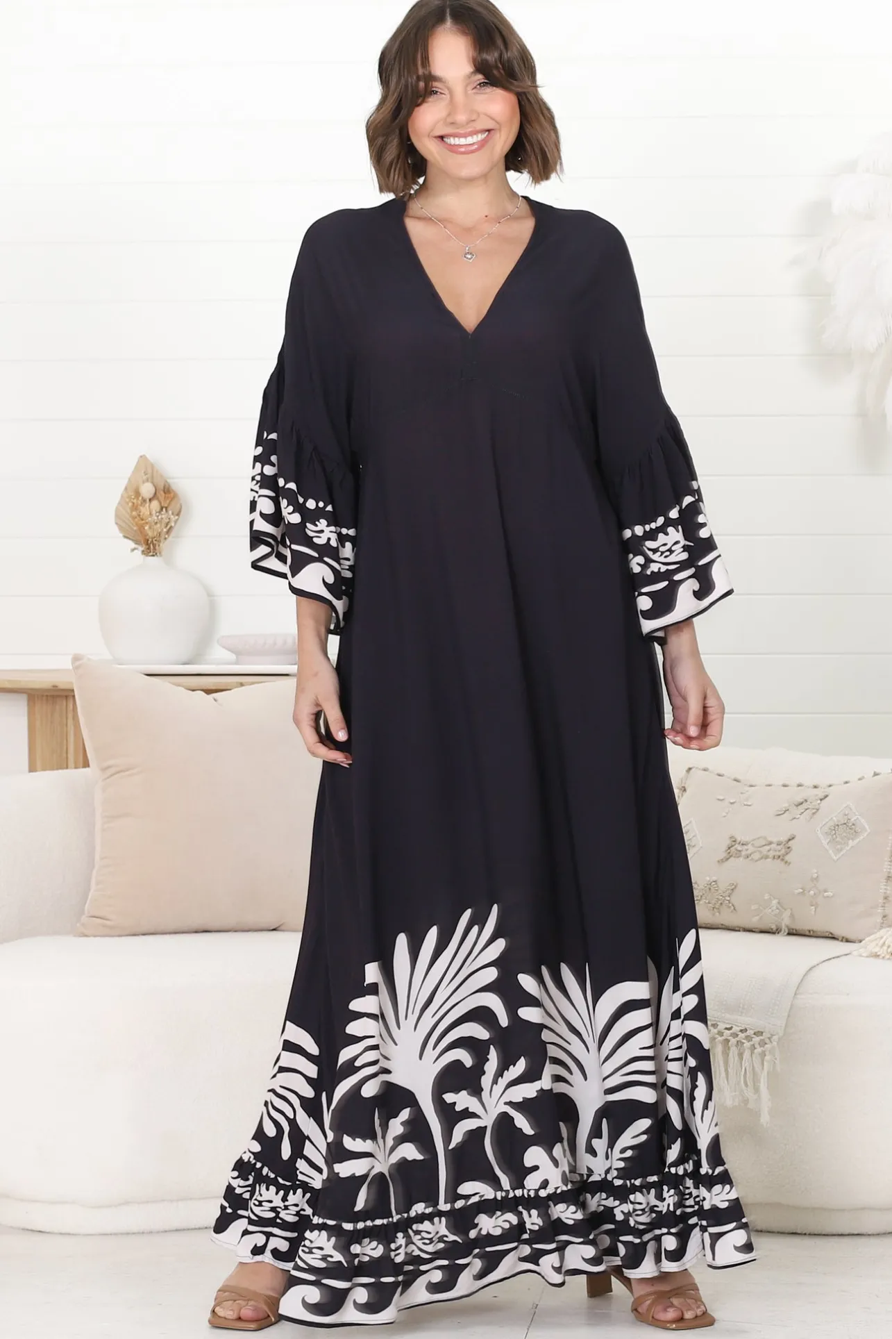 Evan Maxi Dress - Slimline Smock Dress with Bell Sleeves in the Harris Print>Salty Crush Hot