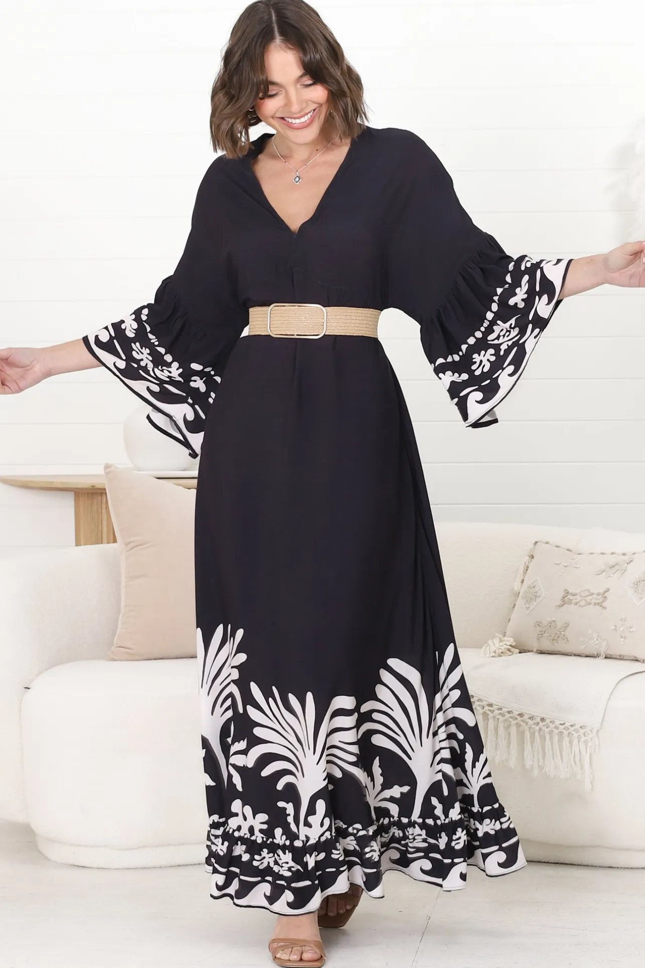 Evan Maxi Dress - Slimline Smock Dress with Bell Sleeves in the Harris Print>Salty Crush Hot