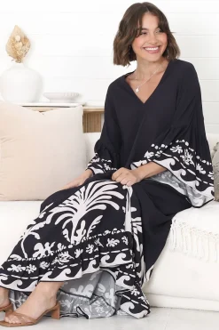 Evan Maxi Dress - Slimline Smock Dress with Bell Sleeves in the Harris Print><noscript><img width=