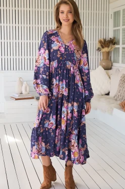 Eve Midi Dress - V Neck Long Sleeve Tiered Dress with Option Waist Tie in Wild Whim Print>Jaase Outlet