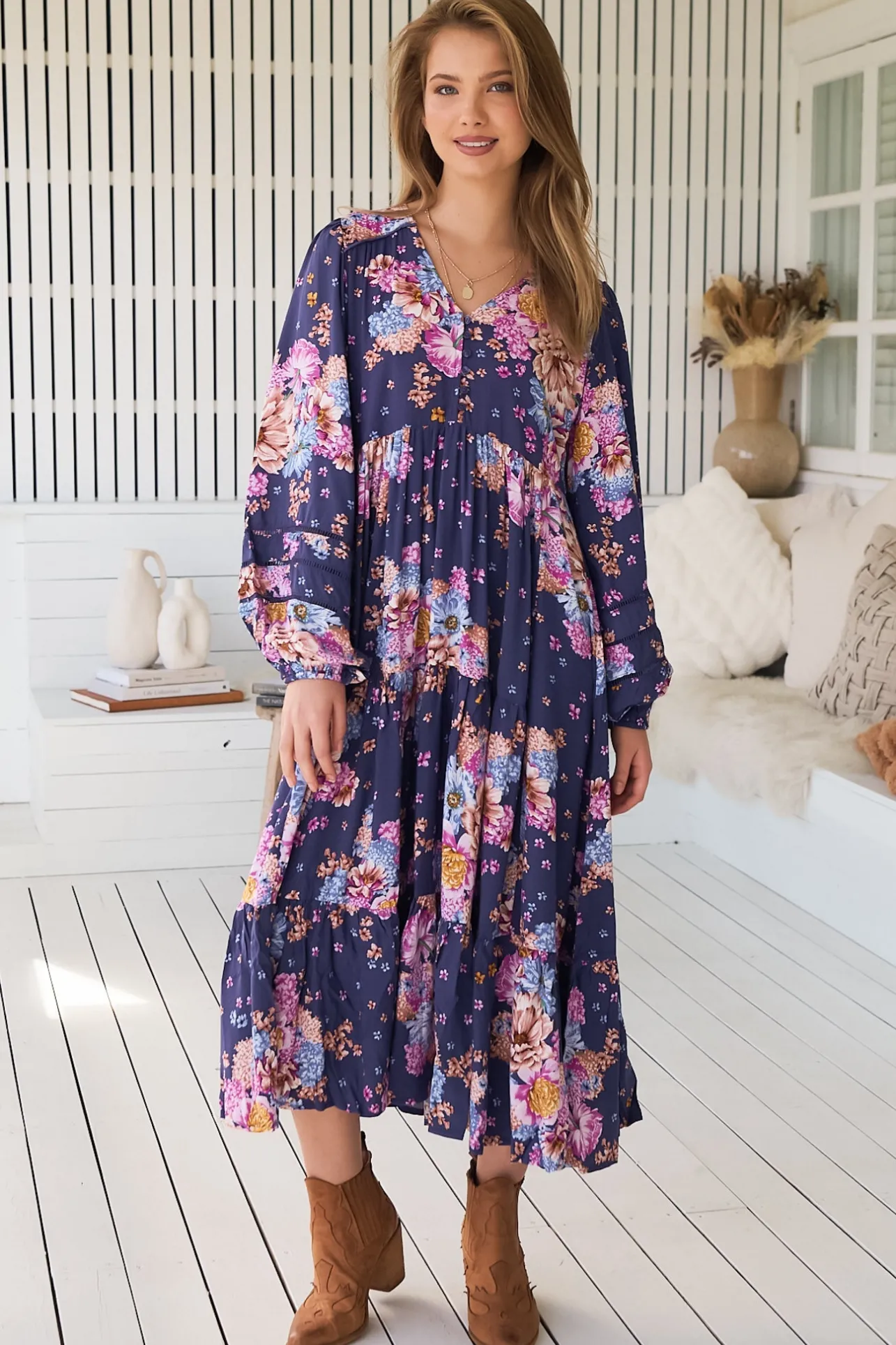 Eve Midi Dress - V Neck Long Sleeve Tiered Dress with Option Waist Tie in Wild Whim Print>Jaase Outlet
